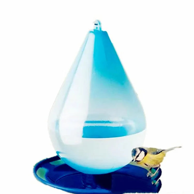 Blue water drop shaped plastic hanging hook bird feeder with bowl, cup and bucket format for garden birds.