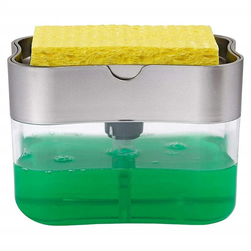 Multifunctional dish soap dispenser with attached sponge caddy for easy, organized cleaning in the kitchen