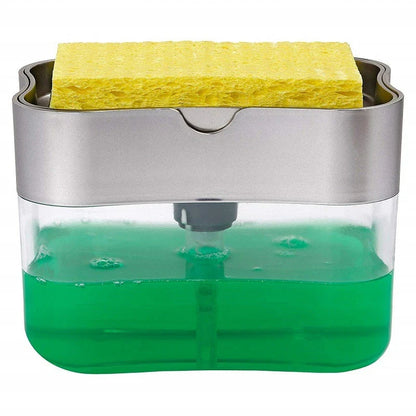 Multifunctional dish soap dispenser with attached sponge caddy for easy, organized cleaning in the kitchen