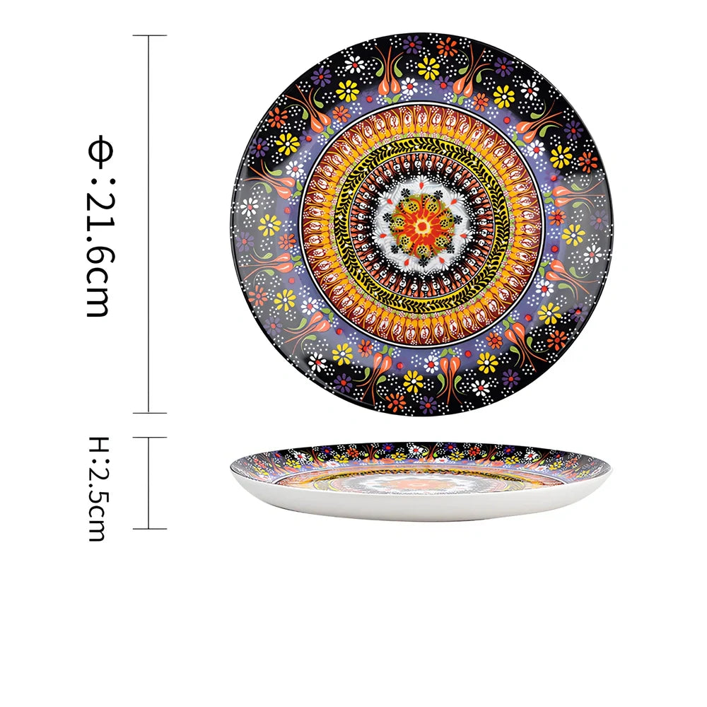 Underglaze ceramic bowl with Bohemian floral pattern in blue mandarin duck design, 8 inch diameter