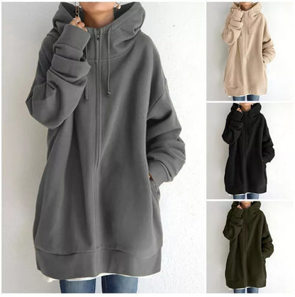 Women's fuzzy full-zip hoodie in various colors, perfect for cool weather comfort and style.