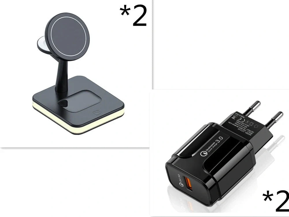 Black three-in-one wireless charger magnetic bracket on a desk charging multiple devices
