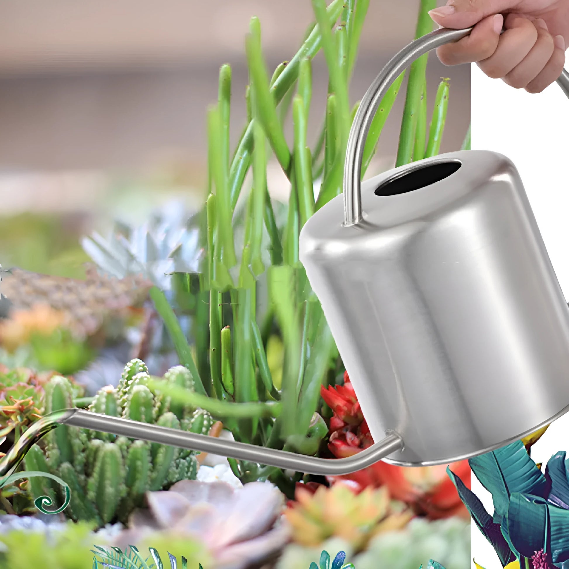 Stainless steel 2 litre watering can with long spout for garden use in black, gold, and stainless steel finishes