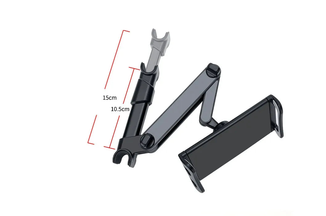 Black car tablet holder mounted on vehicle rear seat base holding iPad