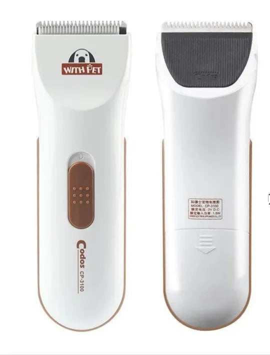 Electric hair clipper for pets with ceramic blade and stainless steel construction uses 2 AA batteries for efficient trimming of all coat types