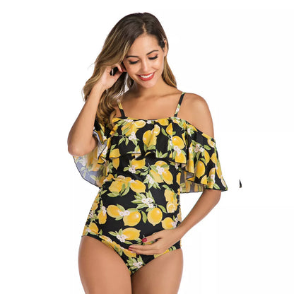 Lemon ruffled one-piece maternity swimsuit with chest pad for pregnancy support