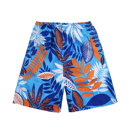 Men's floral printed swimming trunks in polyester fabric showing multiple pattern options for beach and pool use