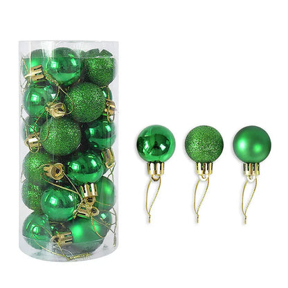 Assortment of 3cm diameter gold, red, silver, and blue barrel-shaped Christmas baubles with an electroplated finish.