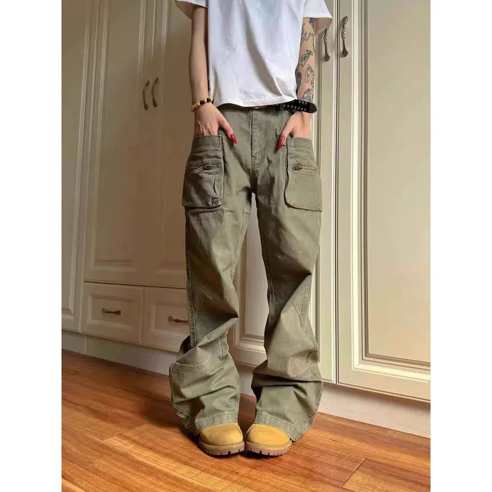 Double zipper workwear casual pants in green cotton fabric with pocket and elastic waist