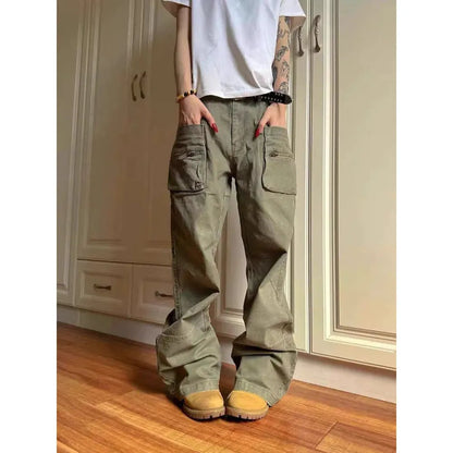 Double zipper workwear casual pants in green cotton fabric with pocket and elastic waist