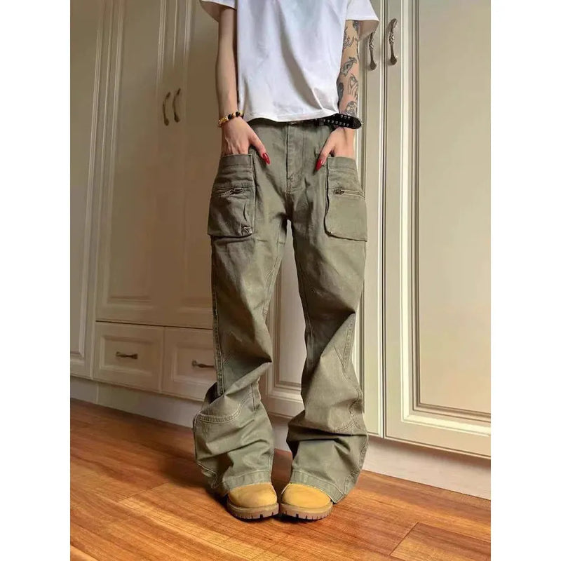 Double Zipper Workwear Casual Pants with Pocket in Green or Black Sizes S to XXXL, Micro-Elastic Cotton Fabric Mid-Waist Trousers for Youth Leisure