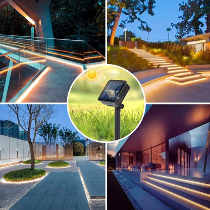 Compact 70x70mm solar LED strip with 90 lights in warm white, IP65 rated for garden paths
