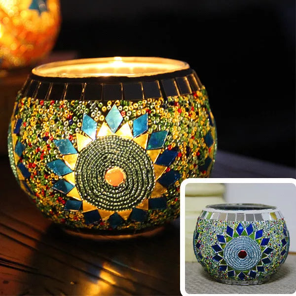 Mosaic glass candle holder in vibrant colors with elegant mosaic pattern