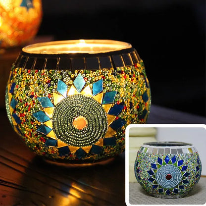 Mosaic glass candle holder in vibrant colors with elegant mosaic pattern