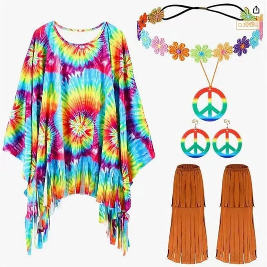 Tie dye cloak costume with bell sleeves and printing pattern in spandex fabric