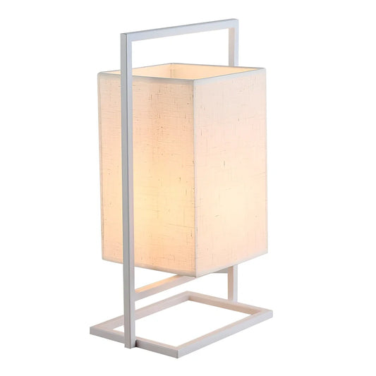 Modern white bedside lamp with fabric shade, button switch, 30cm height, E27 bulb socket on nightstand