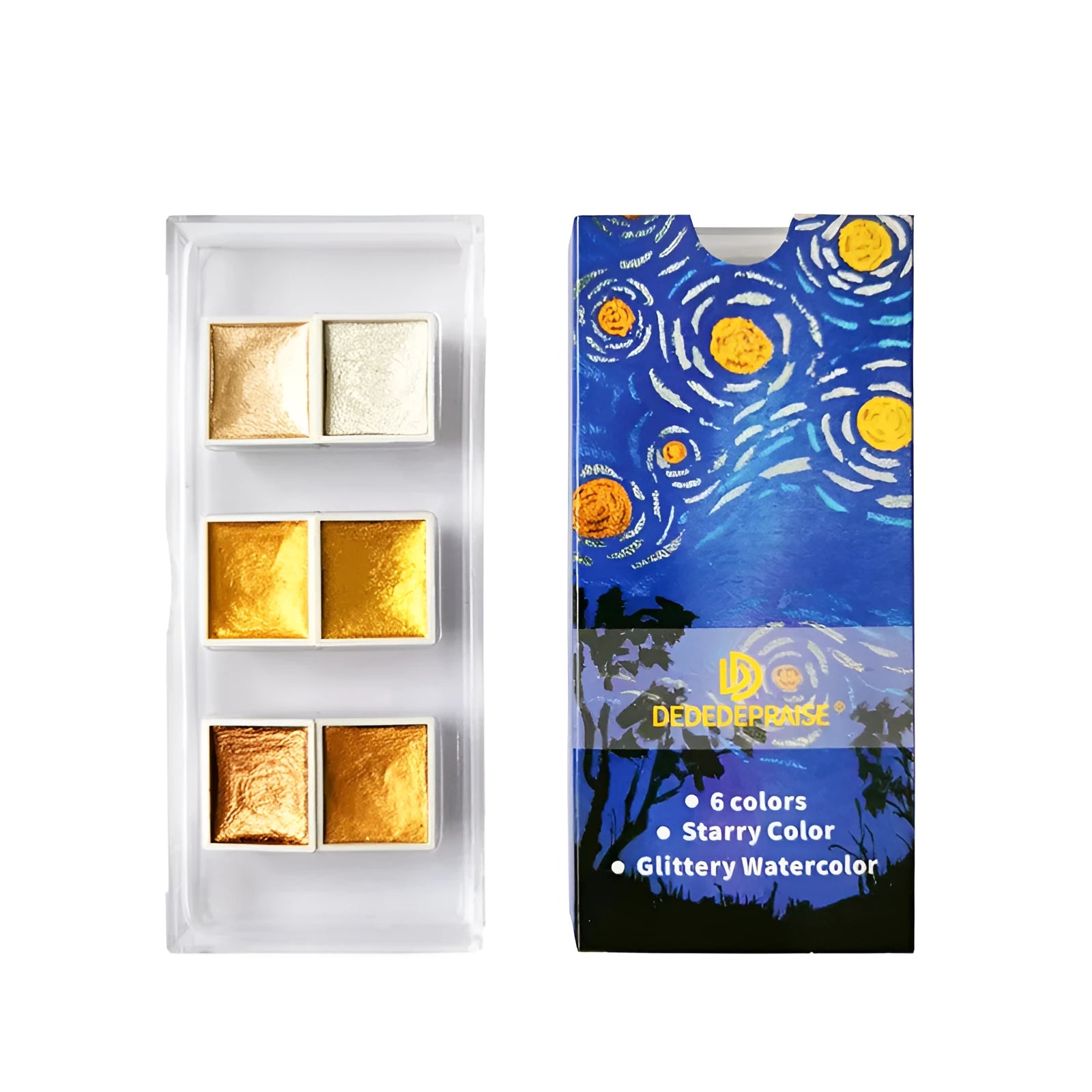 Boxed set of solid watercolour pigment blocks with pearlescent metallic finish in multiple colours