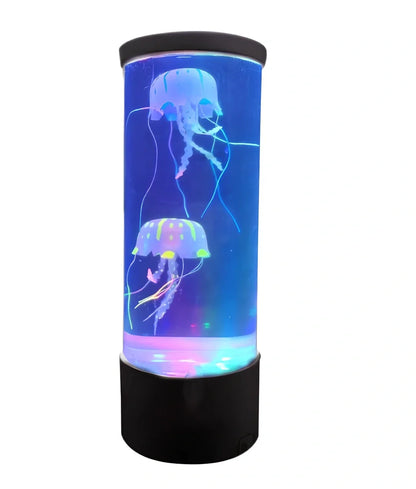 LED jellyfish aquarium lamp showing volcanic bubble effect with colour-changing lighting in black finish