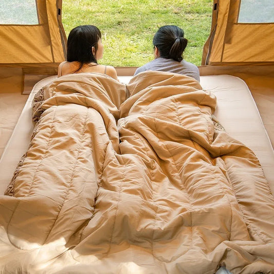 Four seasons camping sleeping bag with dirt-resistant fabric in Jiangnan Spring colour, showing 190x75cm dimensions and storage bag