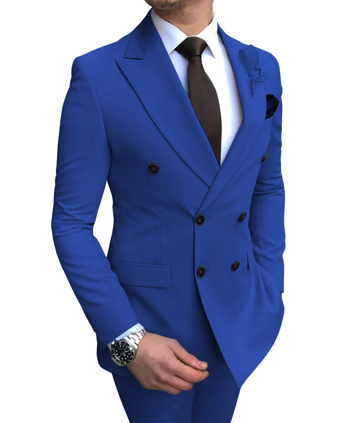Men's two-piece slim fit wedding suit with straight collar and side slits, available in 15 colours and sizes XS to 5XL.