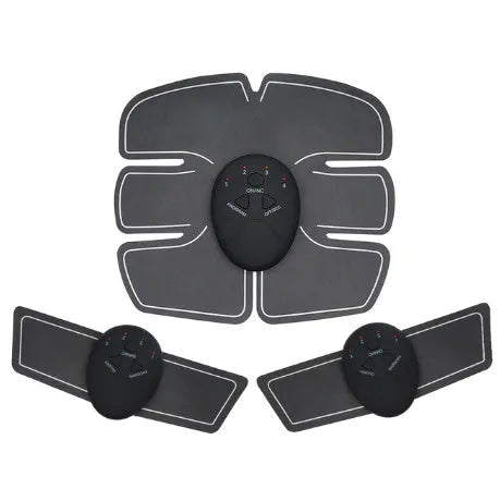 Compact EMS muscle stimulator unit with remote control and gel pads for abdominal and buttock toning.
