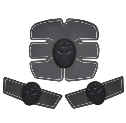 Compact EMS muscle stimulator unit with remote control and gel pads for abdominal and buttock toning.