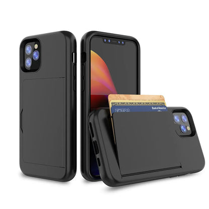 iPhone 11 mobile phone shell in six solid colours showing TPU+PC construction and precise model fit
