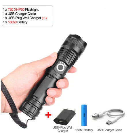 High-Powered Tactical Flashlight with Zoom and USB Charging - Durable, Waterproof, and Rechargeable LED Flashlight