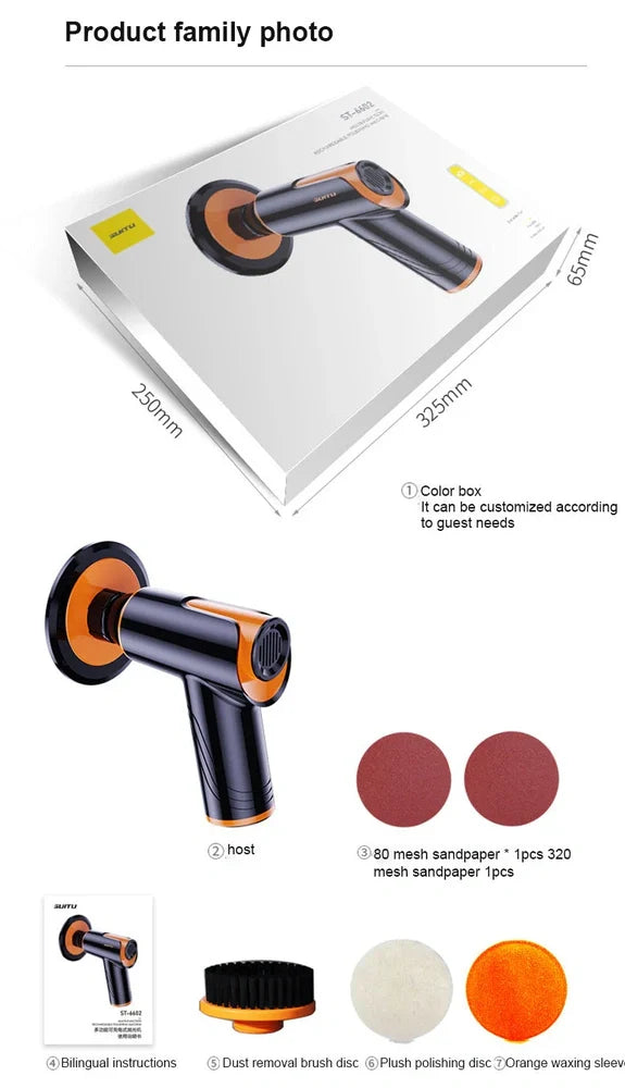 Black car polishing machine with 12cm throwing disc and USB-C charging cable for vehicle maintenance