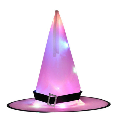 A colorful LED-illuminated witch hat with elf ears, perfect for Halloween home decor and parties.