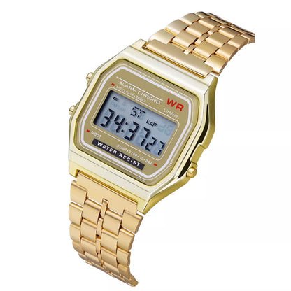 WR F91W Steel Band Electronic Watch with square dial and stainless steel strap