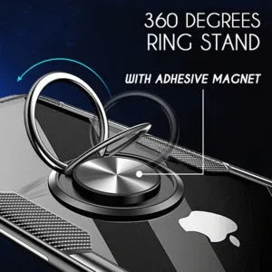 iPhone 11 Pro Max case with car holder arm in navy blue, showing PU material and button access.