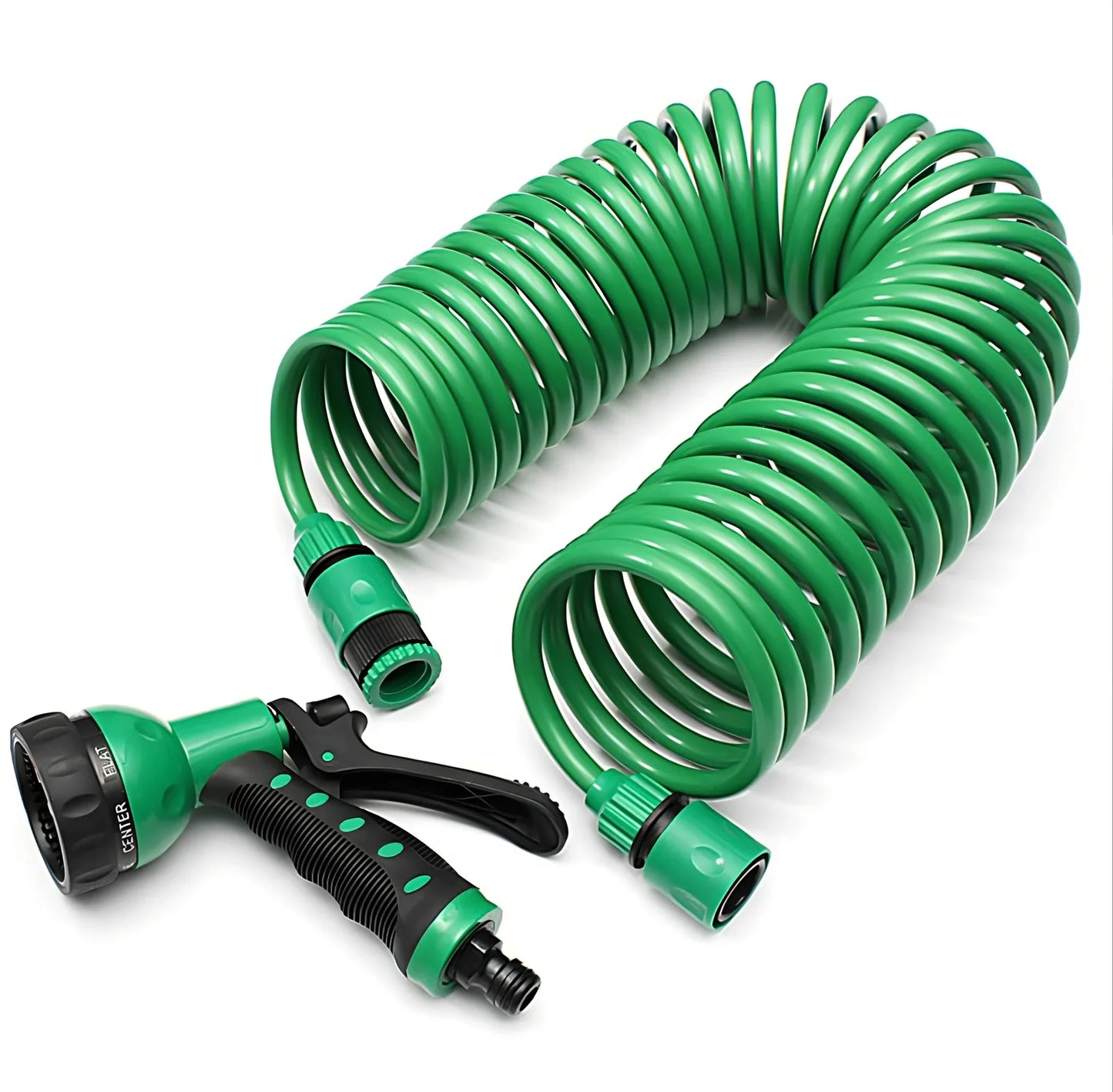Telescopic garden hose sprinkler with ABS plastic gun head and handle, showing extended length for watering