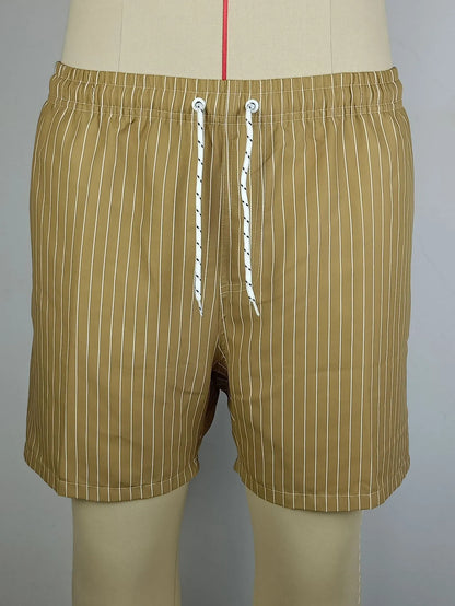 Pair of grey striped polyester shorts with a straight leg cut on a mannequin