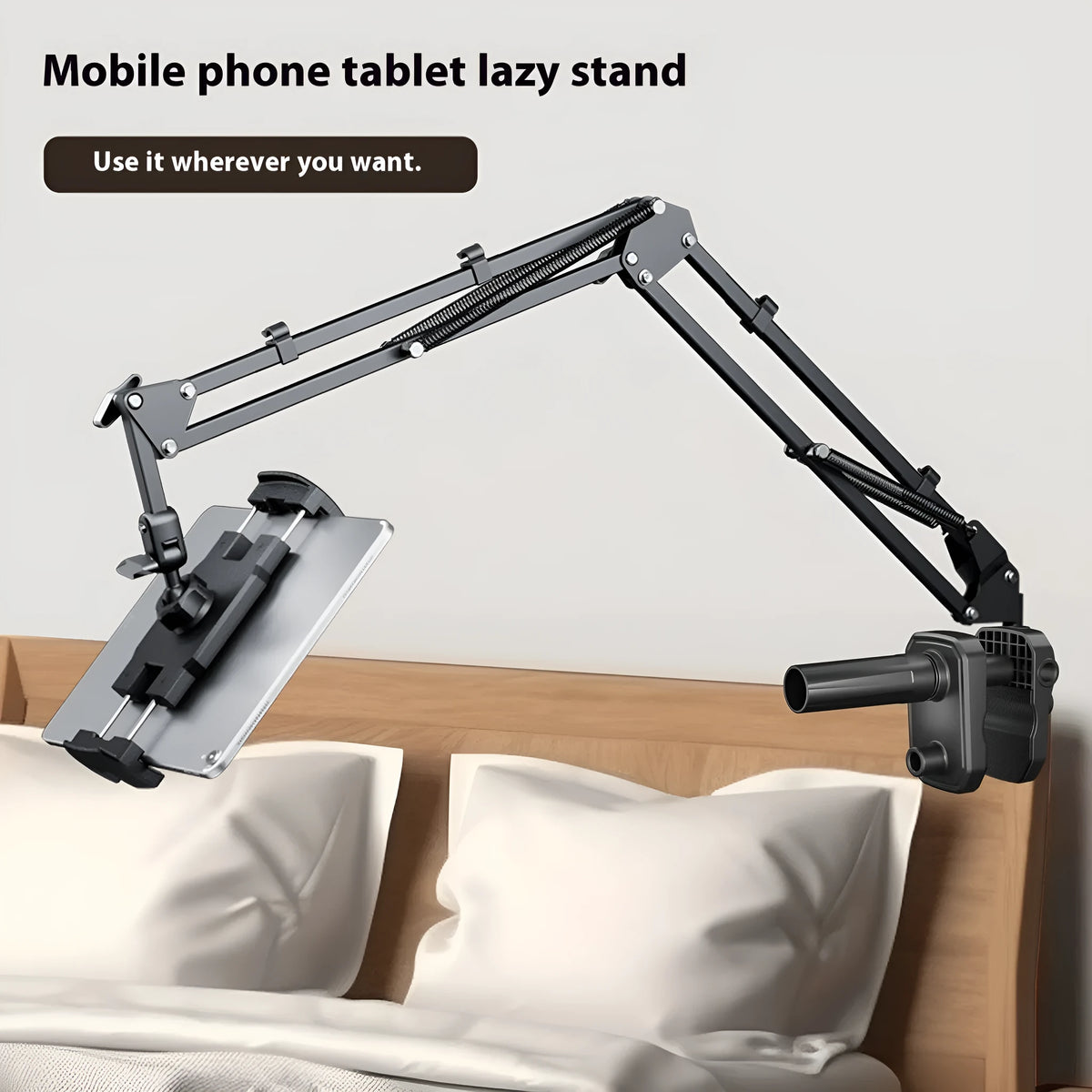 Metal cantilever bracket bedside table with 4 clips for mobile phone and tablet, universal clamp-on tray