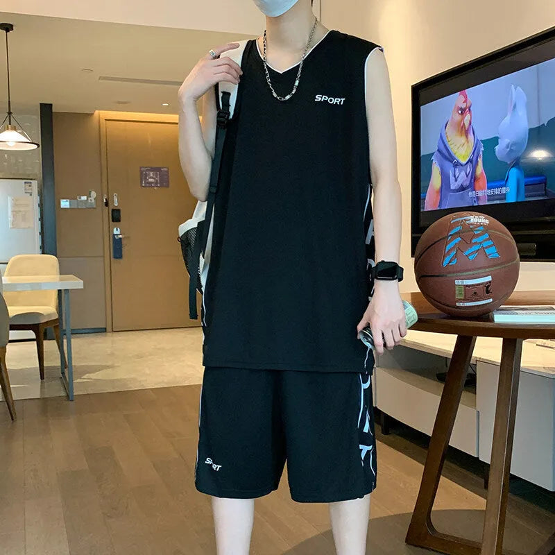 Basketball Wear Short Sleeve Vest Leisure Sports Suit for Men, Thin Polyester Fibre Mesh Training Kit in White, Grey, Black, Red or Navy Blue Sizes M to 5XL for Summer Sports