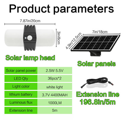 Modern abstract-design solar-powered outdoor floodlight with motion sensor on wall bracket