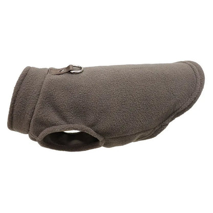Polar fleece dog waistcoat in solid colour on small dog showing side-open design