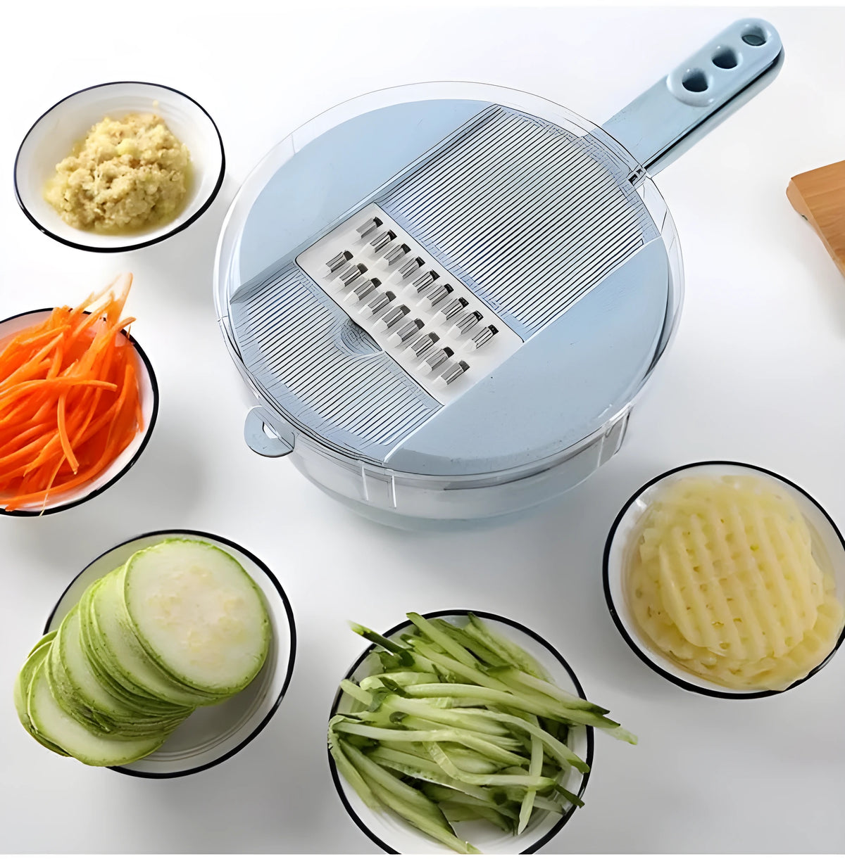 Blue 8-in-1 mandoline slicer set with stainless steel blades, hand guard and kitchen tools