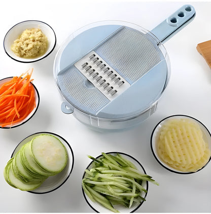 Blue 8-in-1 mandoline slicer set with stainless steel blades, hand guard and kitchen tools