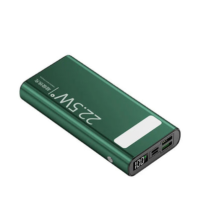 Alloy shell power bank with LCD display showing 22.5W super fast charging and 20000mAh capacity