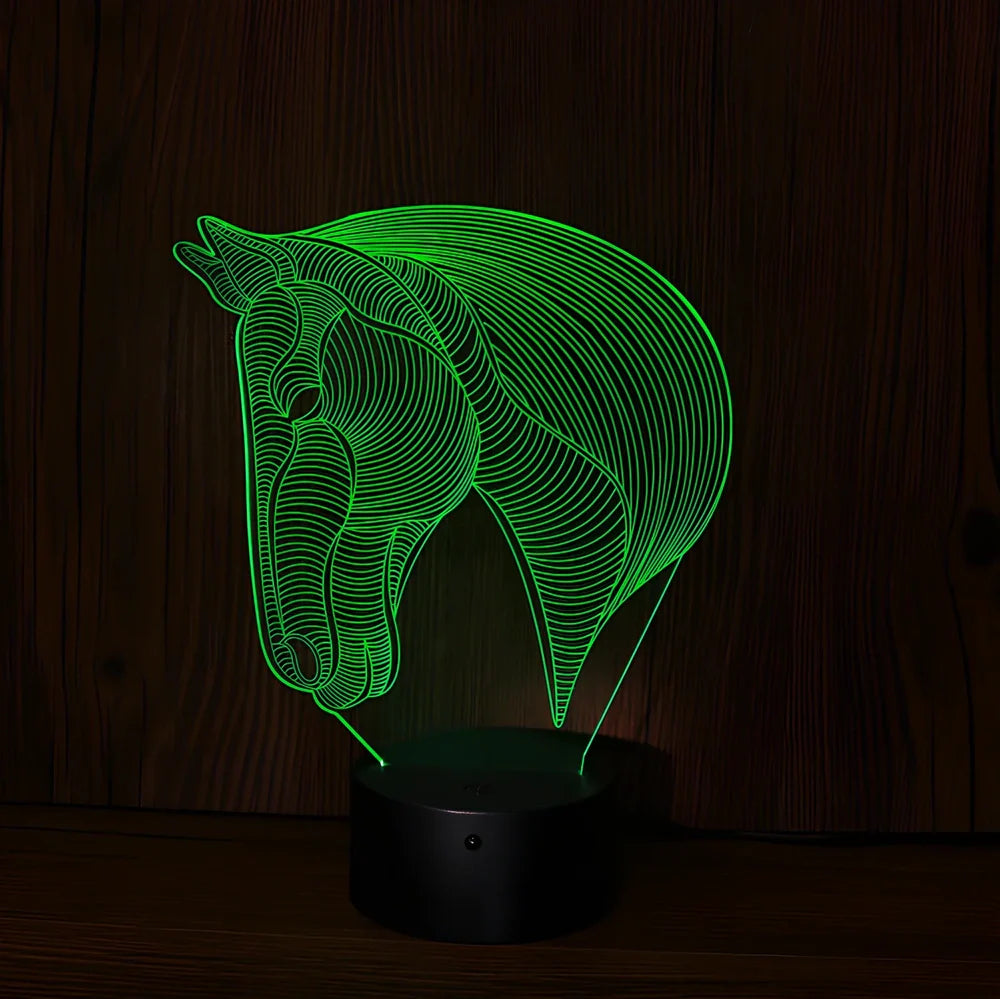 Horse head shaped LED night light with touch control showing multiple colour options