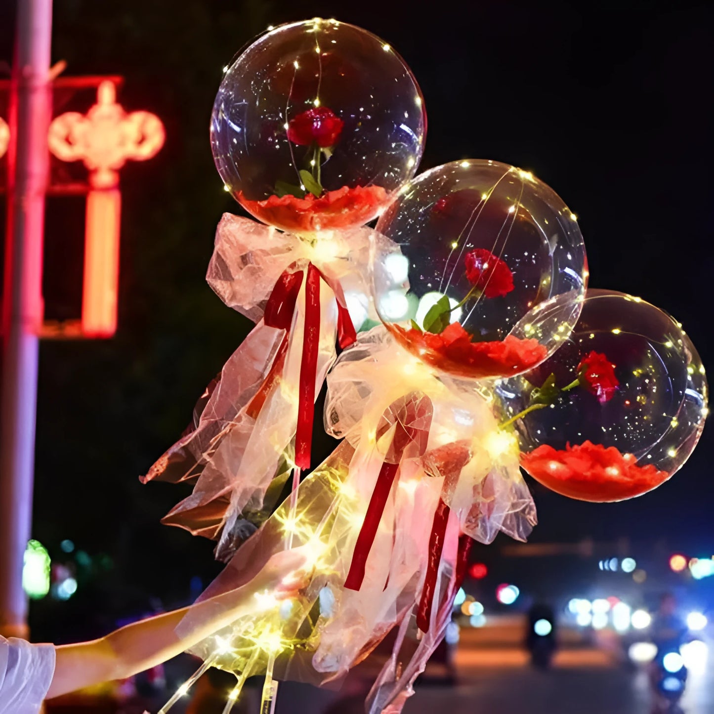 Transparent LED luminous balloon rose bouquet with artificial flowers and illuminated lights