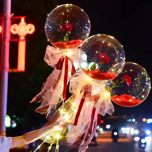 Transparent LED luminous balloon rose bouquet with artificial flowers and illuminated lights