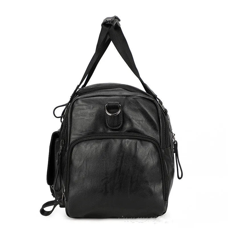 Black travel bag with shoe compartment showing 52cm height, 19cm width, and 27cm depth dimensions