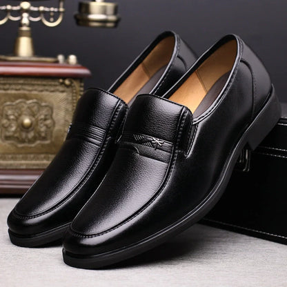 Men's leather business casual shoes with rubber sole, available in brown and black
