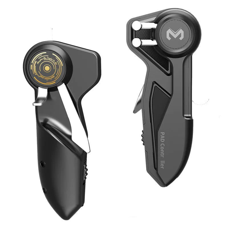 Black six-finger adjustable PUBG game controller for tablets and smartphones shown from the front.
