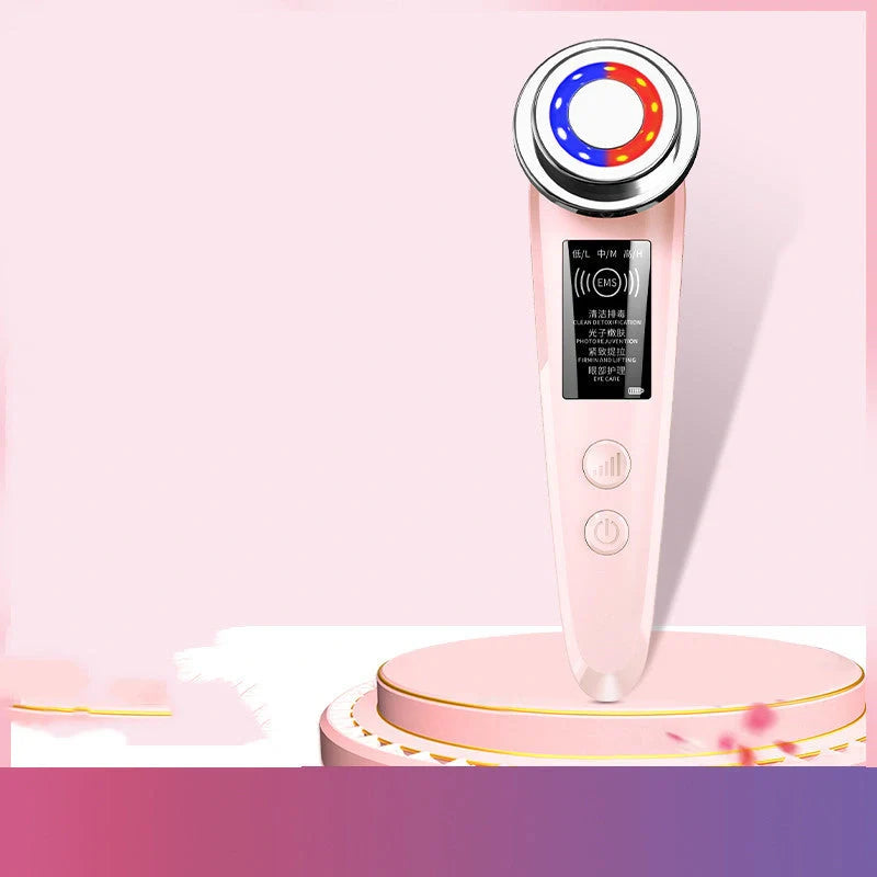 Pink and white facial massager for deep pore cleansing and skin rejuvenation with light therapy