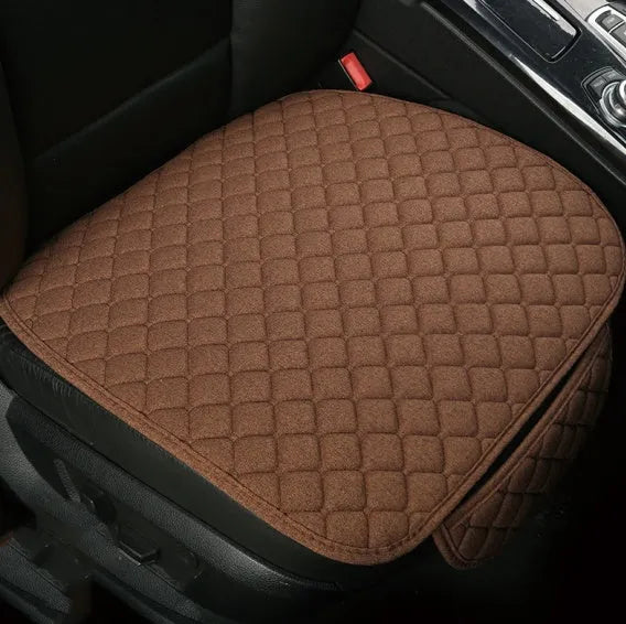 Flax linen car seat cover protector in beige, black, red and brown, with cushion and five-seat style options.