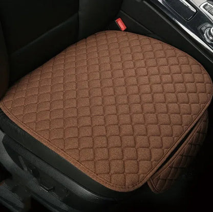 Flax linen car seat cover protector in beige, black, red and brown, with cushion and five-seat style options.